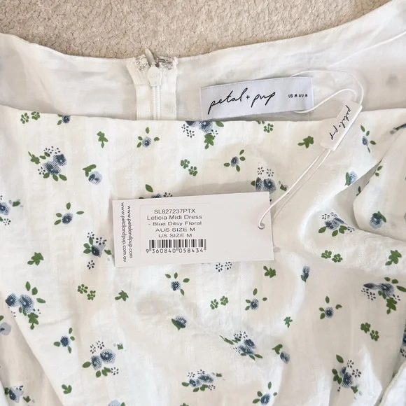 NWT Petal + Pup Leticia White/BlueFloral Tie-Shoulder Smocked Midi Dress size M - Picture 6 of 8
